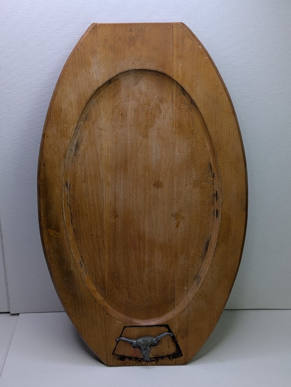 Vintage Western Wood Serving Carving Tray 14" Metal Longhorn Bull Folk Art